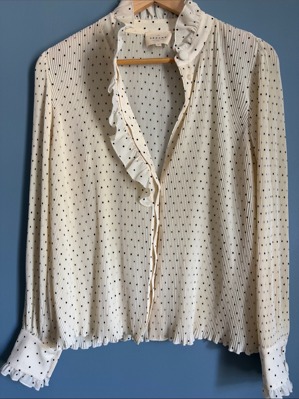 Sezane Cream Blouse with Black Dot Ruffle Trim